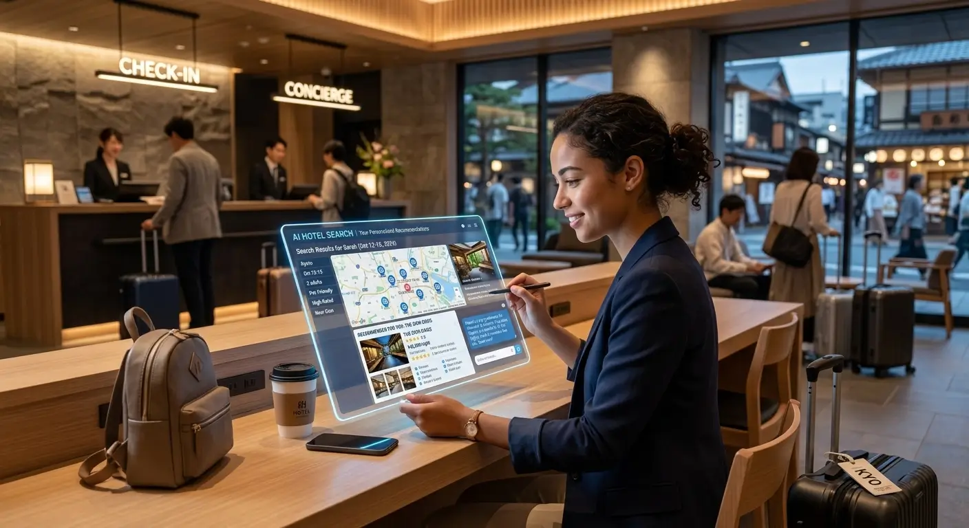 Traveler comparing nearby hotels and live rates through an AI-assisted hotel search