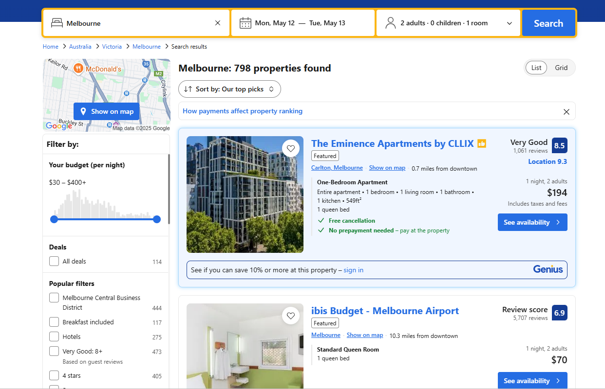 Booking.com Hotel Results