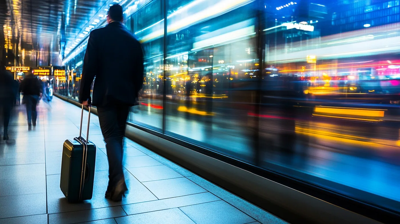 Business traveler moving through an airport while managing a hotel booking