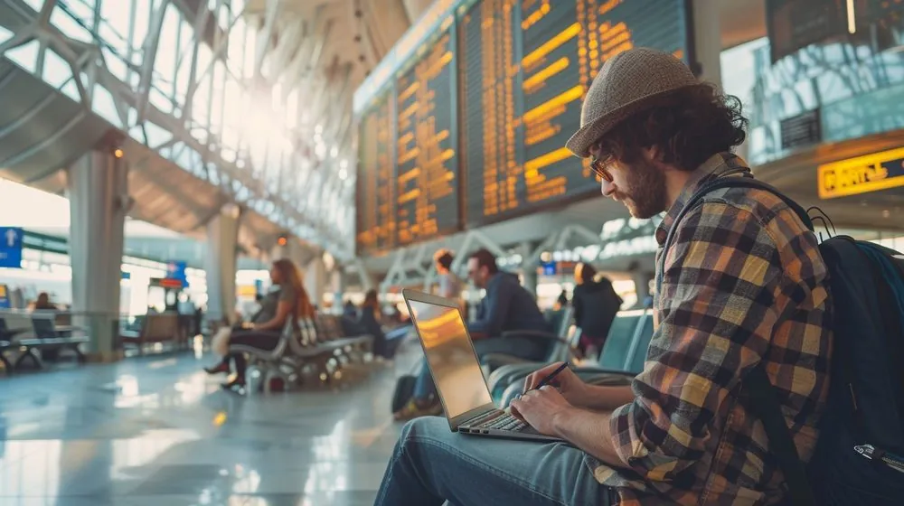 Traveler using a laptop in a busy airport terminal while planning travel arrangements