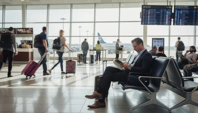Business traveler seated in an airport terminal reading while waiting for a flight