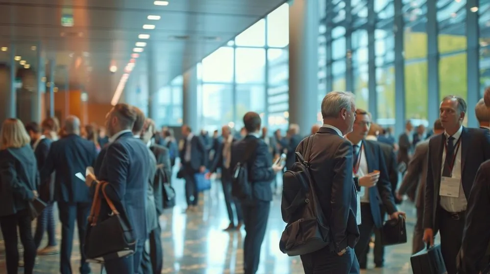 Business networking event with attendees gathering in a convention or conference venue