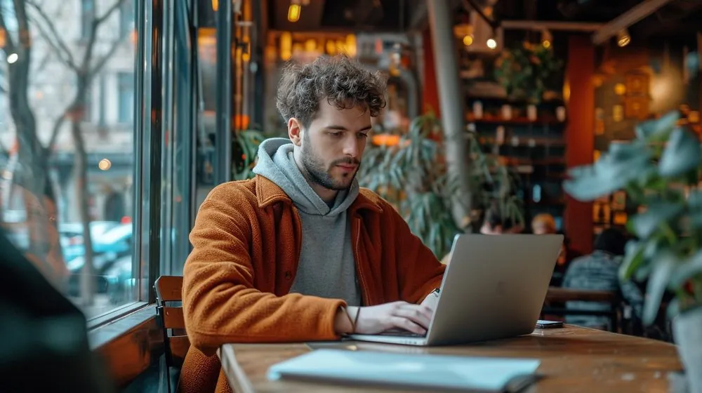 Remote worker using a laptop in a café while planning or booking a hotel stay for a trip