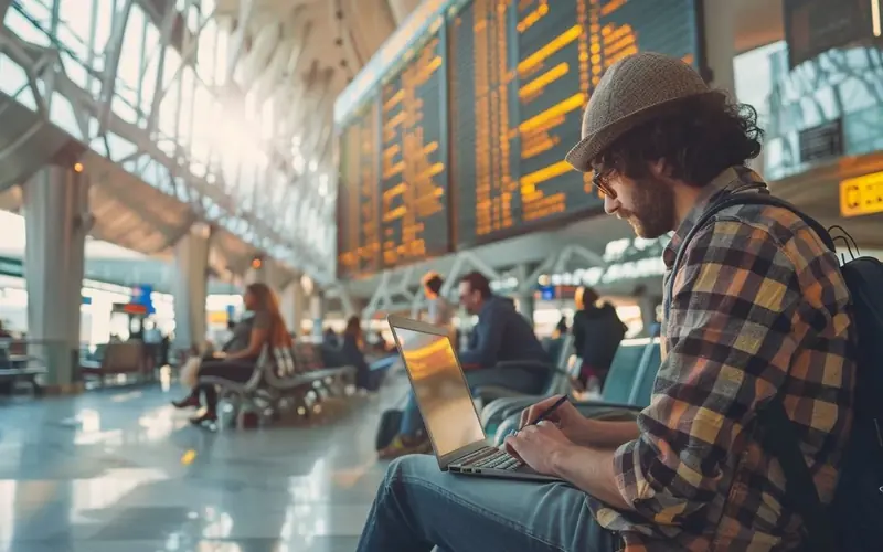 Business traveler working at an airport representing the BusinessHotels.com versus Navan comparison