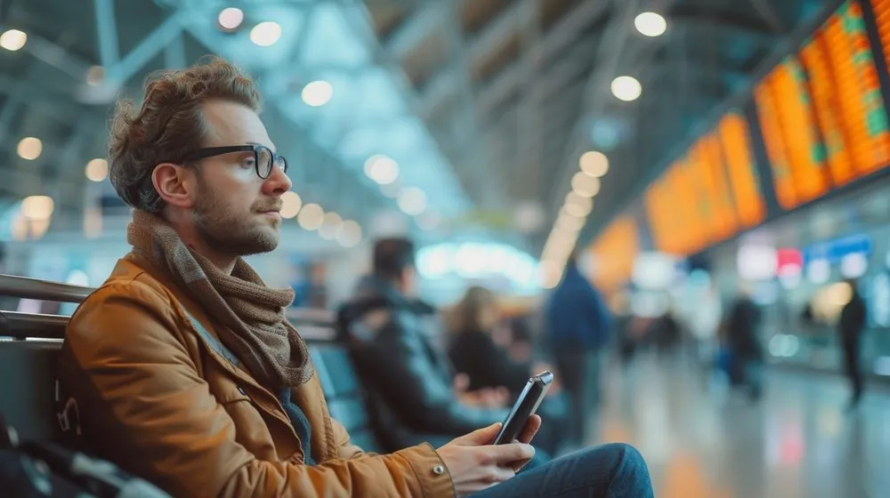 Traveler waiting at an airport terminal while holding a phone and preparing a trip