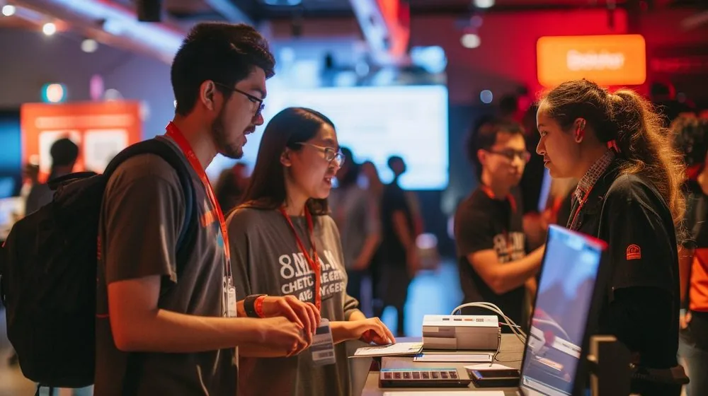 People interacting at a technology or business event with devices and badges visible