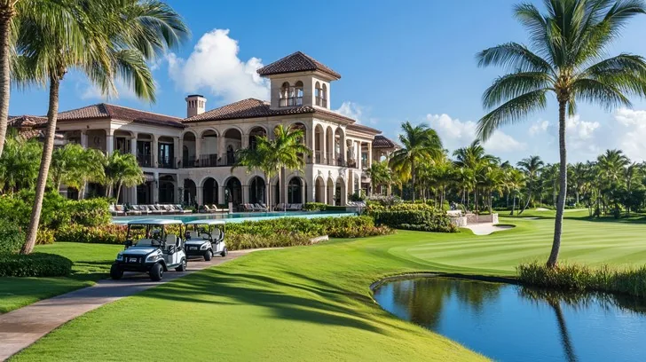 Illustrative palm-lined golf resort and clubhouse