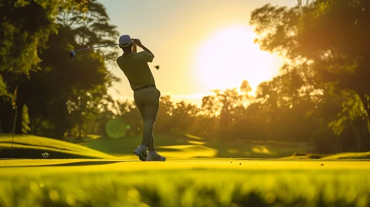 Illustrative golfer finishing a swing at sunset
