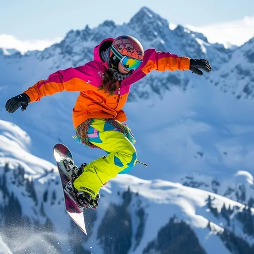 Illustrative snowboarder jumping above a snowy mountain slope