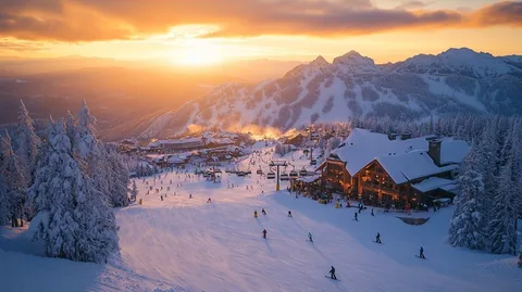 Illustrative snowy mountain resort at sunset