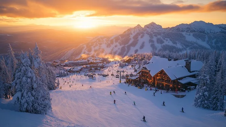 Illustrative snow-covered mountain resort at sunset