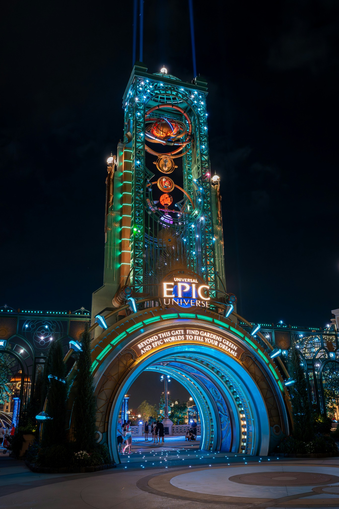 Chronos portal illuminated at night at Universal Epic Universe in Orlando